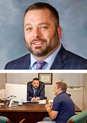 photo of Daniel Thibodeau and photo of Daniel Thibodeau in office with client
